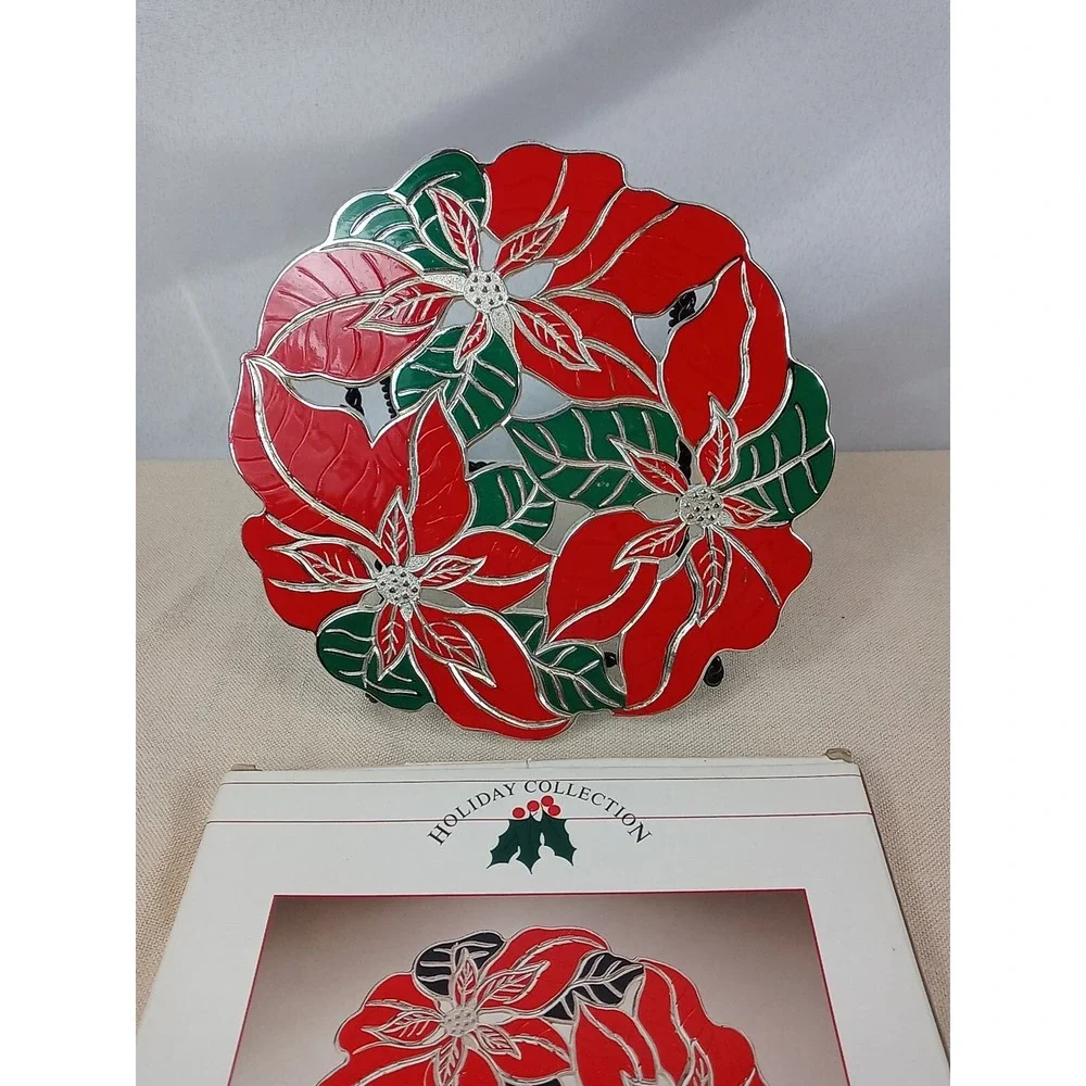 Vintage Wm A Rogers Poinsettia Trivet Silverplate & Enamel 1986 Christmas Trivet